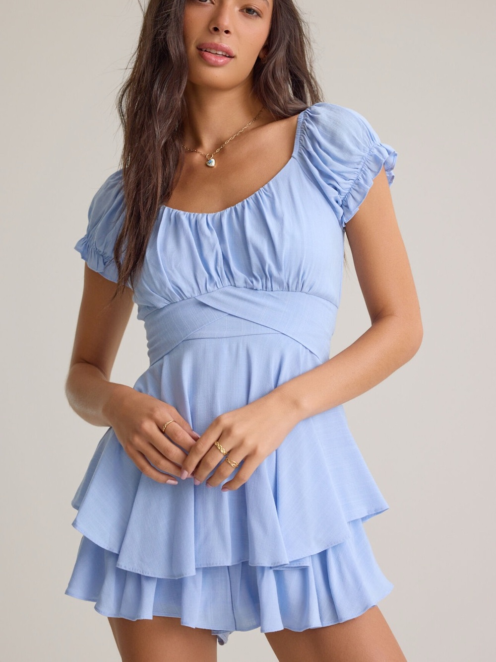 Altar’d State Haisley Double Layered Romper in Light Blue - Picture 2 of 9
